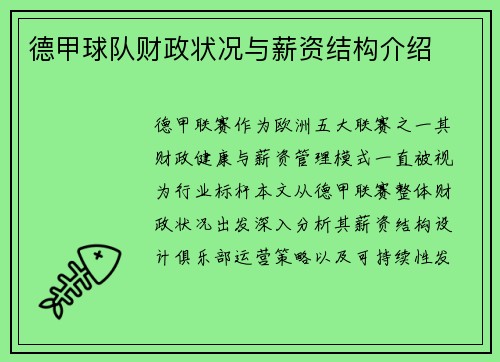 德甲球队财政状况与薪资结构介绍