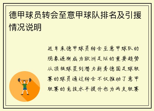 德甲球员转会至意甲球队排名及引援情况说明